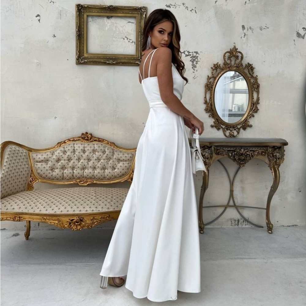 Elegant Satin White A-Line Side Slit Maxi Dress - Picture 2 of 12
